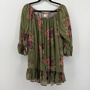 Terra Sky Olive Green Floral‎ Print Blouse Plus Size 1X 16W 18W